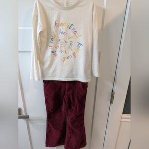 Thereabouts Girls Outfit - Burgundy Corduroy Flares And Long Sleeve Graphic Tee